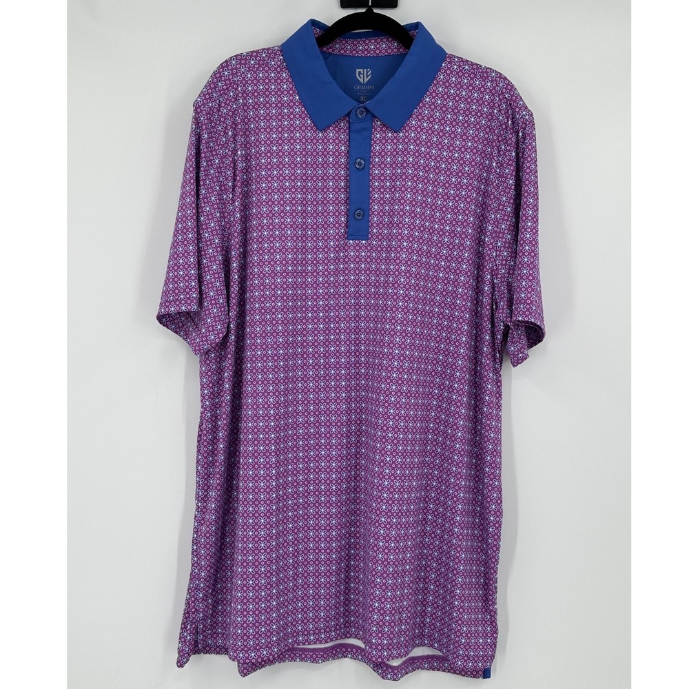 Graham Luxe Mens XL Purple Blue Geometric Floral Performance Golf Polo Shirt